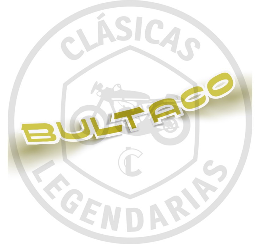 Bultaco adhesive logo with gold letters, 250 mm white tibe