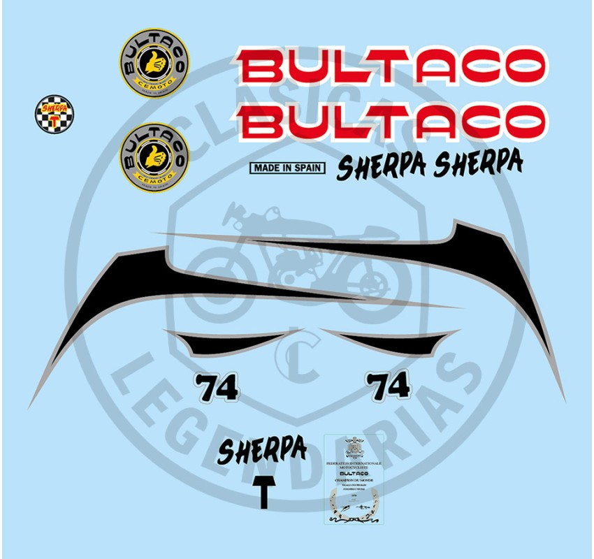 Bultaco Sherpa T74 adhesive anagrams kit from 1976 ref.BU18420001